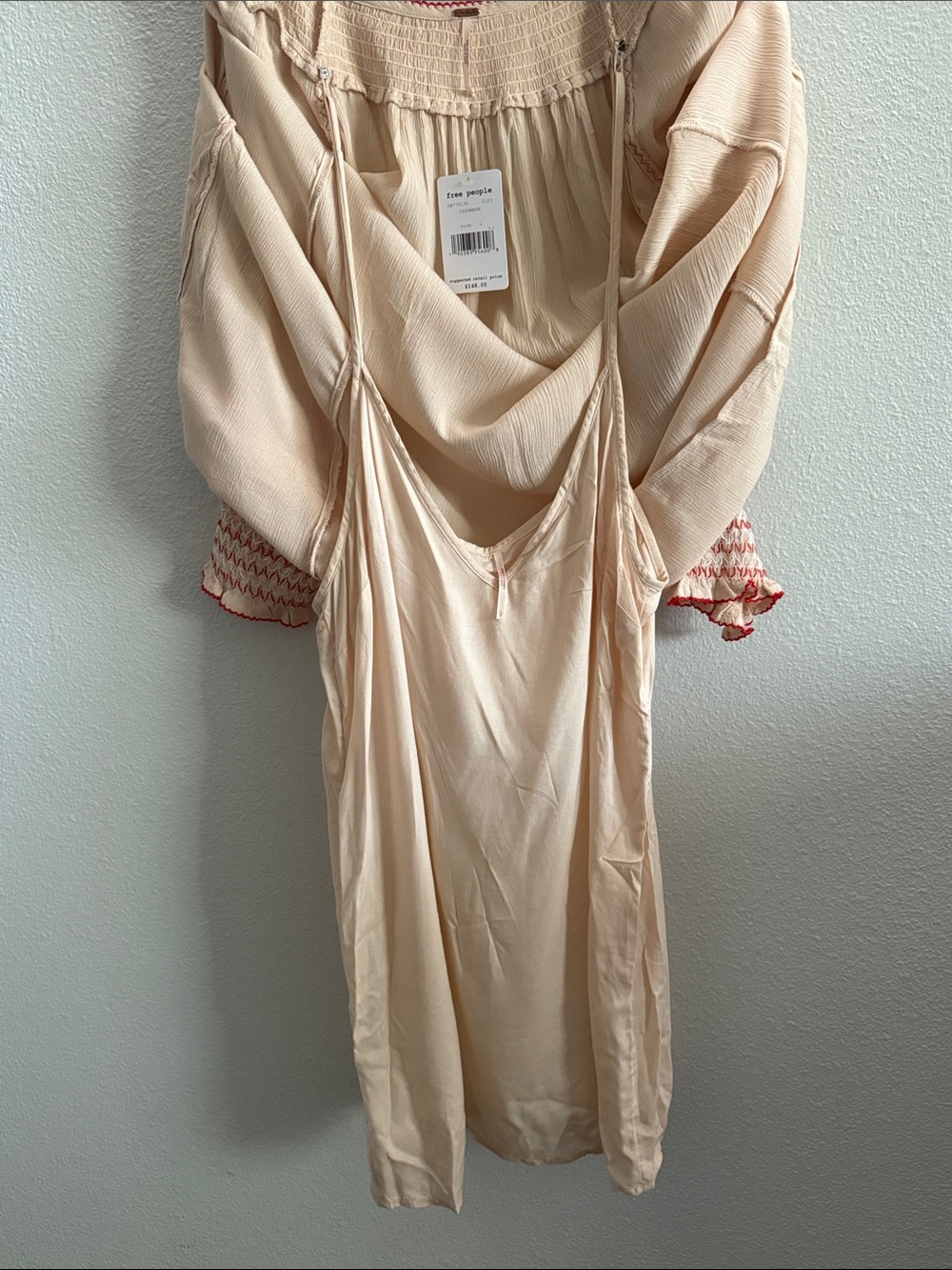 Free People Dress Large Wind Willow Mini Cream Red Embroidered Y2K Boho Hippie - Picture 9 of 13